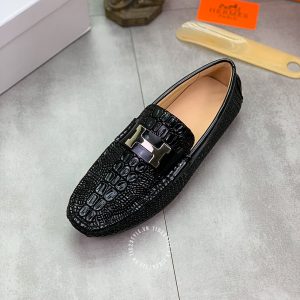 Giày lười nam Hermes da xịn màu đen logo H Super Fake - Hình ảnh 5