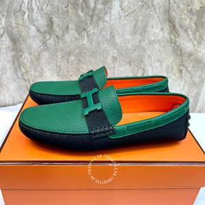 Giày nam Hermes da xịn màu đen phối xanh siêu cấp - Hình ảnh 6