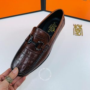 Giày lười nam Hermes màu nâu dập vân cá sấu super fake - Hình ảnh 8