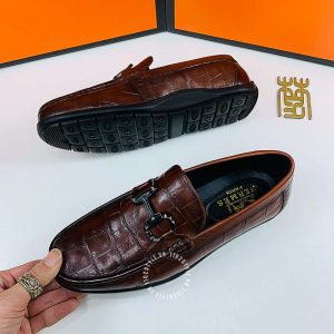 Giày lười nam Hermes màu nâu dập vân cá sấu super fake - Hình ảnh 3