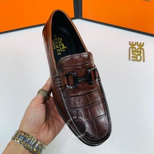 Giày lười nam Hermes màu nâu dập vân cá sấu super fake - Hình ảnh 6