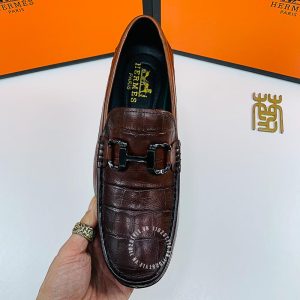 Giày lười nam Hermes màu nâu dập vân cá sấu super fake - Hình ảnh 5