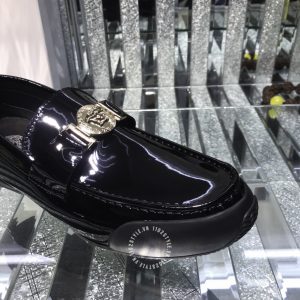 Giày nam Versace da xịn màu đen bóng logo kim loại - Ảnh 6