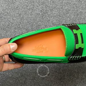 Giày nam Hermes da sần màu đen phối xanh lá siêu cấp - Ảnh 7