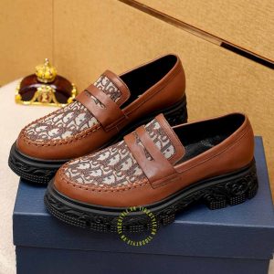 Giày replica 1:1 chính hãng Loafer Dior màu nâu họa tiết Monogram - Hình ảnh 3
