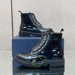Giày Boot Dior da màu đen bóng họa tiết Monogram replica - Ảnh 4