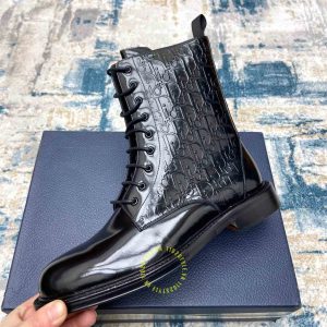 Giày Boot replica Dior da thật màu đen bóng họa tiết Monogram - Ảnh 5