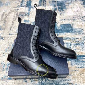 Giày Boot replica Dior nam da xịn màu đen họa tiết Monogram - Ảnh 3