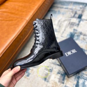 Giày Boot replica Dior da thật màu đen bóng họa tiết Monogram - Ảnh 7