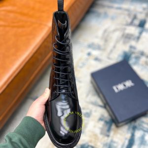 Giày Boot replica Dior da thật màu đen bóng họa tiết Monogram - Ảnh 6