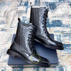 Giày Boot replica Dior da thật màu đen bóng họa tiết Monogram - Ảnh 3