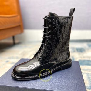 Giày Boot replica Dior da thật màu đen bóng họa tiết Monogram - Ảnh 4