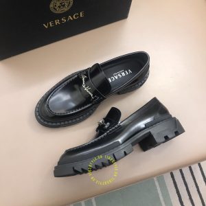 Giày Loafer Versace nam da đen trơn logo kim loại super fake - Ảnh 2