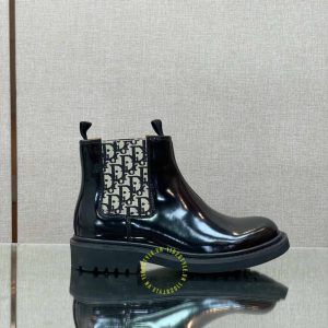 Giày Chelsea Boot Dior da đen bóng họa tiết Monogram super fake - Hình ảnh 5