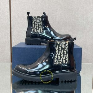 Giày Chelsea Boot Dior da đen bóng họa tiết Monogram super fake - Hình ảnh 4