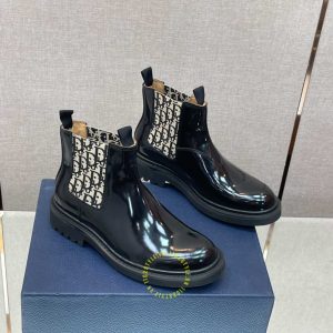 Giày Chelsea Boot Dior da đen bóng họa tiết Monogram super fake - Hình ảnh 3