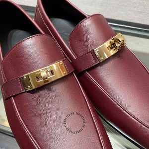 Giày Loafer Hermes nam da trơn màu đỏ đô phiên bản hàng hiệu - Hình ảnh 6