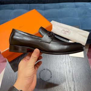 Giày lười nam Hermes like auth cao cấp màu nâu da trơn - Ảnh 7
