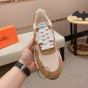Giày thể thao hàng hiệu Hermes trắng phối nâu fake loại chuẩn 1:1 - Hình ảnh 2