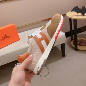 Giày thể thao hàng hiệu Hermes trắng phối nâu fake loại chuẩn 1:1 - Hình ảnh 5