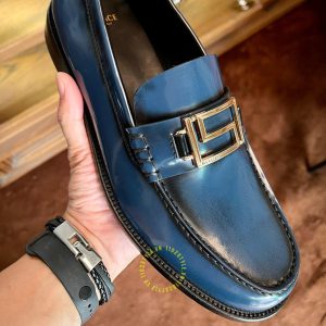 Giày Loafer Versace nam da thật màu xanh logo kim loại cao cấp - Ảnh 2