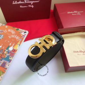 Thắt lưng Salvatore Ferragamo nam mặt logo vàng dây đen - Ảnh 6