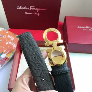 Thắt lưng Salvatore Ferragamo nam mặt logo vàng dây đen - Ảnh 3