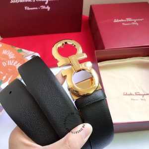 Thắt lưng Salvatore Ferragamo nam mặt logo vàng dây đen - Ảnh 4