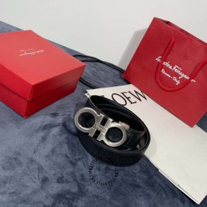 Dây nịt nam Salvatore Ferragamo da sần màu đen mặt khoá bạc - Hình ảnh 5