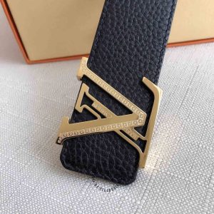 Thắt lưng nam Louis Vuitton mặt màu vàng dây da đen sần - Ảnh 3