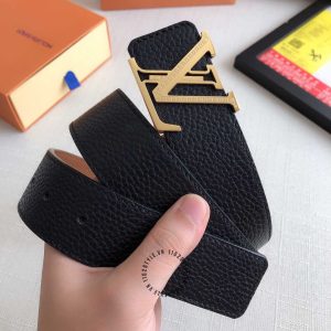 Thắt lưng nam Louis Vuitton mặt màu vàng dây da đen sần - Ảnh 2