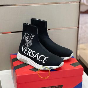 Giày replica Versace Sneaker Flyknit màu đen họa tiết trắng - Ảnh 2