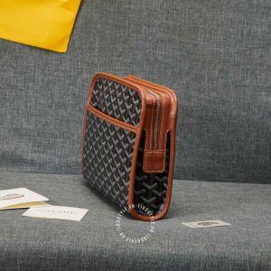 Cluth cầm tay Goyard màu đen viền da nâu hàng hiệu - Ảnh 2