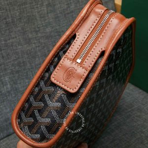 Cluth cầm tay Goyard màu đen viền da nâu hàng hiệu - Ảnh 6