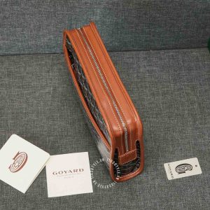 Cluth cầm tay Goyard màu đen viền da nâu hàng hiệu - Ảnh 5