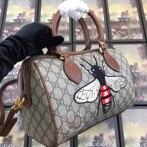 Túi du lịch Gucci nữ màu ghi dây nâu họa tiết ong hàng hiệu cao cấp - Ảnh 2