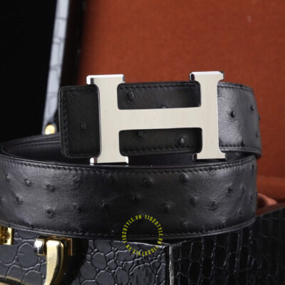 Thắt lưng Hermes da đà điểu đen Like Auth