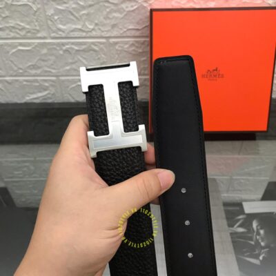 Thắt lưng Hermes Like Auth khóa bạc dây đen