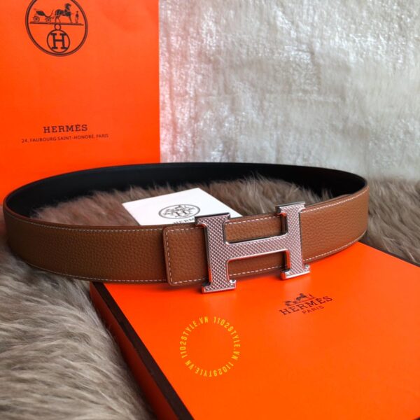 Thắt lưng Hermes khóa bạc dây nâu Like Auth