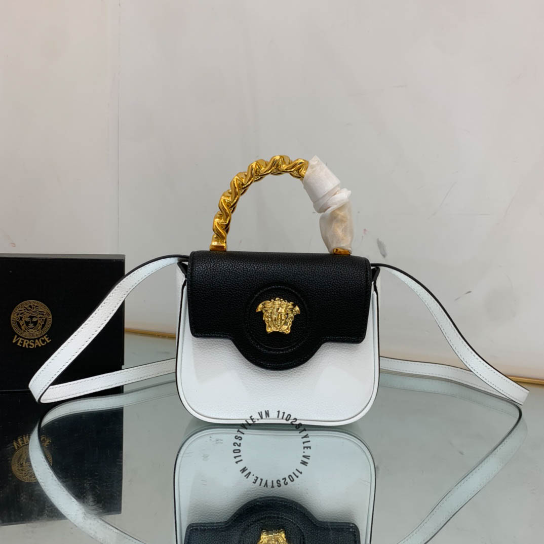 Túi xách Versace nữ hàng hiệu da sần màu đen phối trắng