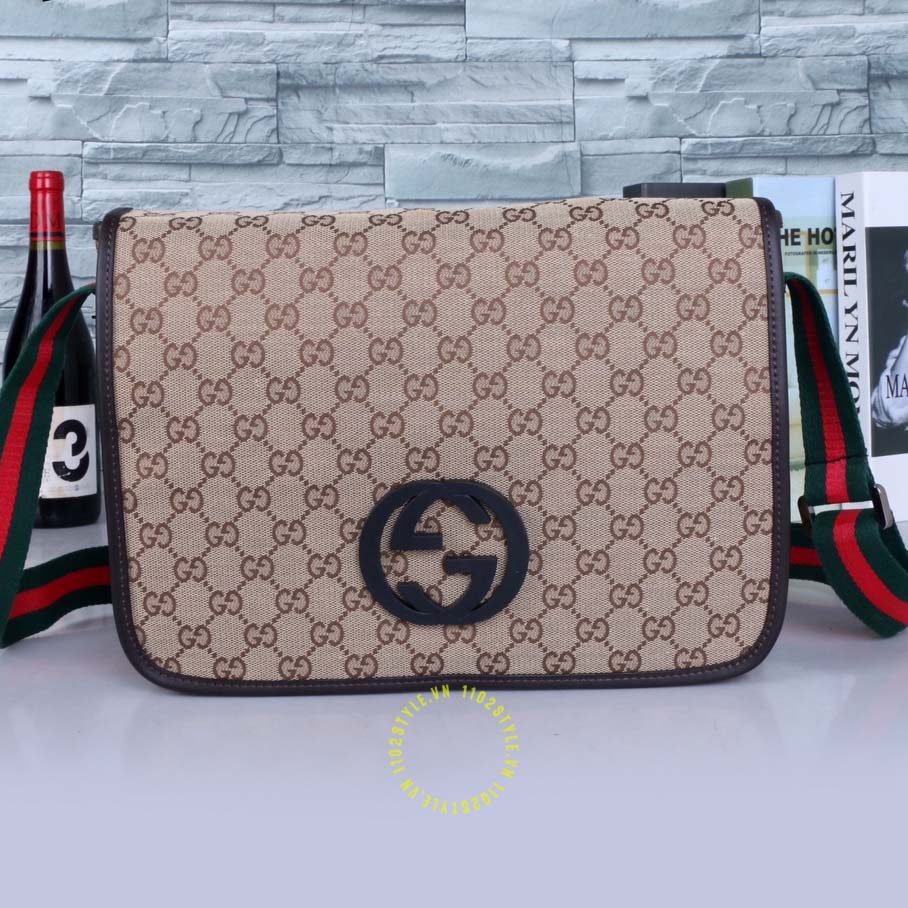 Cặp Gucci nam màu nâu phối họa tiết GG Canvas logo đen