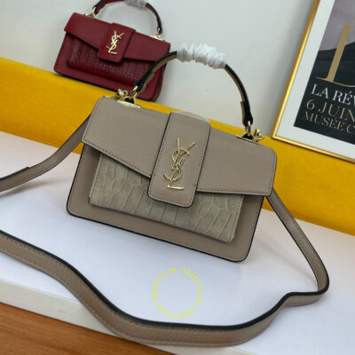 Túi YSL nữ màu ghi da cá sấu họa tiết monogram vàng hàng hiệu