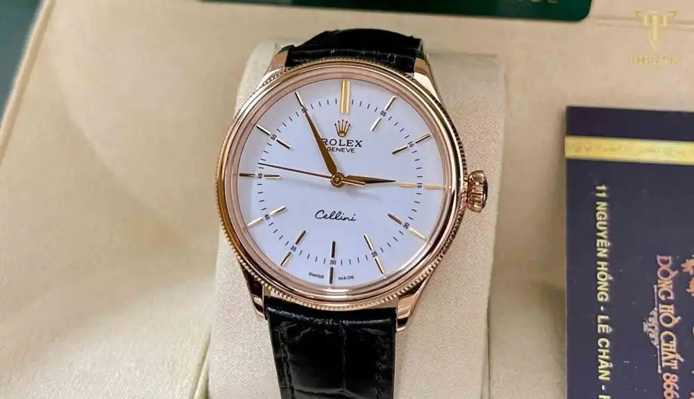 Đồng hồ Rolex Cellini nam dây da Rose Gold White Index Dial 50505