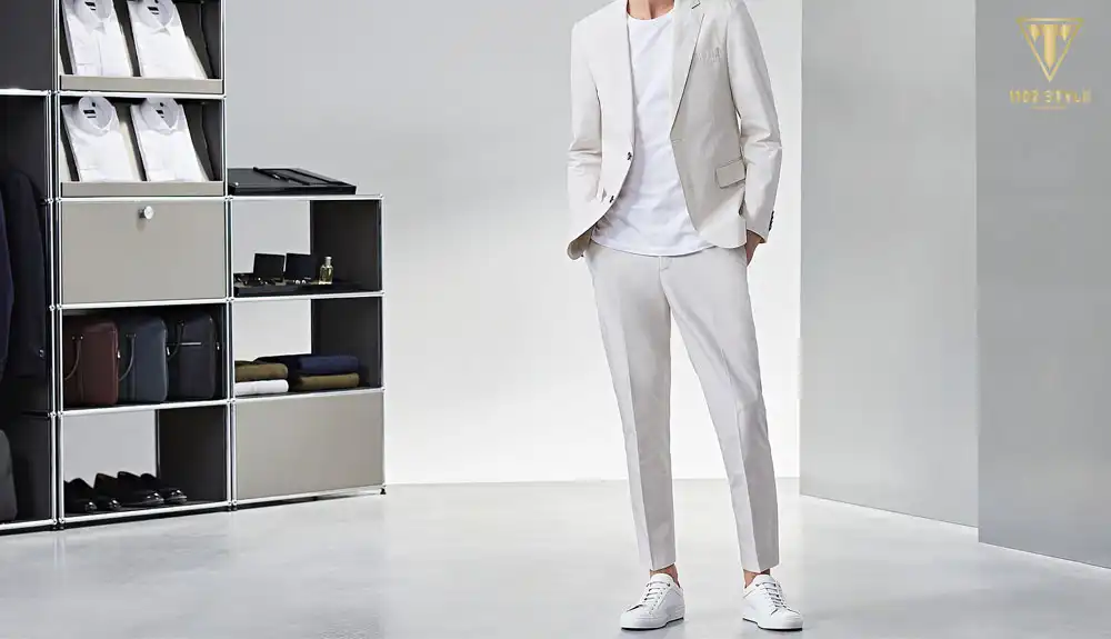 Phối giày trắng nam cùng bộ Vest