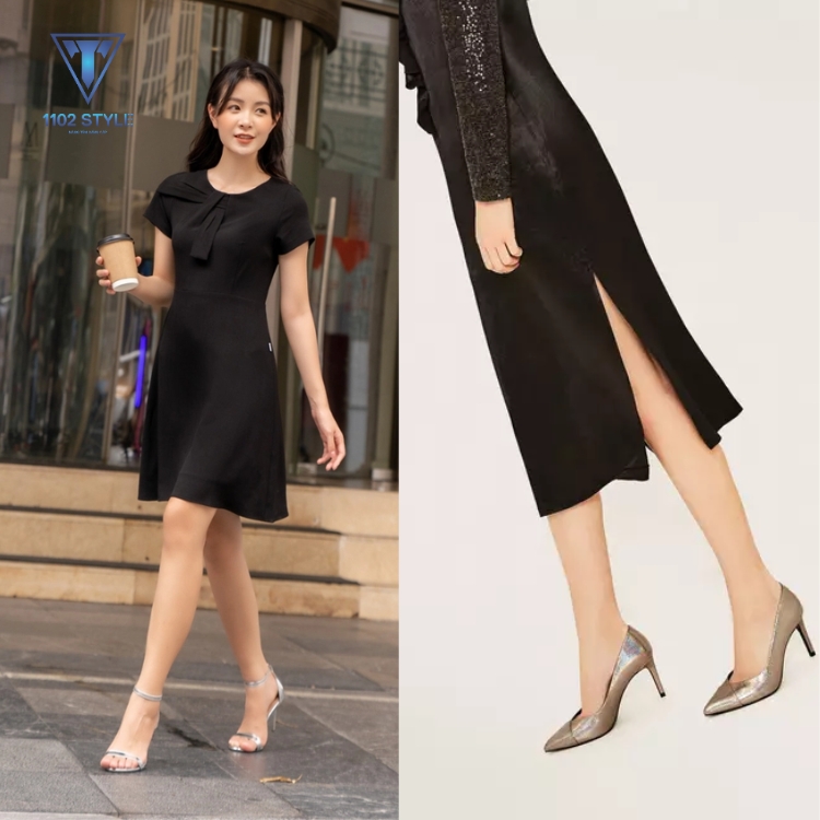 Giày ánh kim mix cùng váy đen ấn tượng