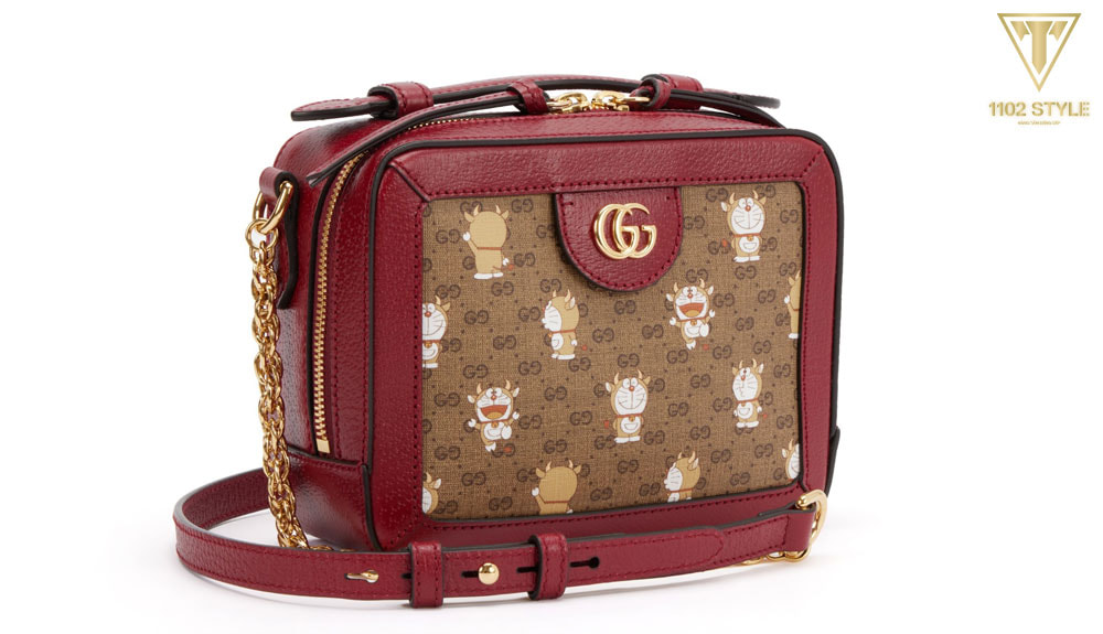 Túi Gucci hộp Brown Coated Canvas And Red Leather Doraemon Purse