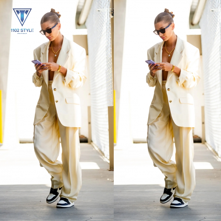 Cách phối đồ với giày Jordan cổ cao nữ với quần tây, blazer