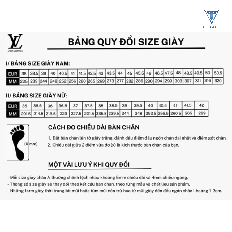 Bảng size giày LV