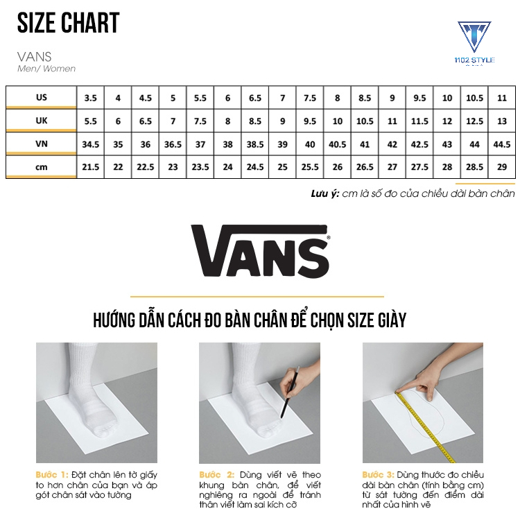 Bảng size giày Vans