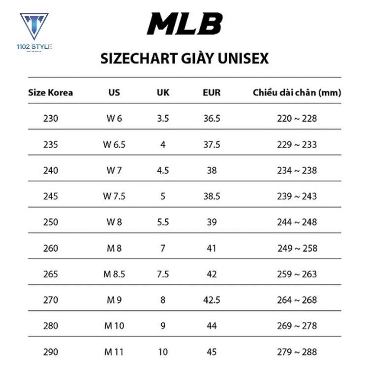 Bảng size dép MLB nam, nữ cực chuẩn
